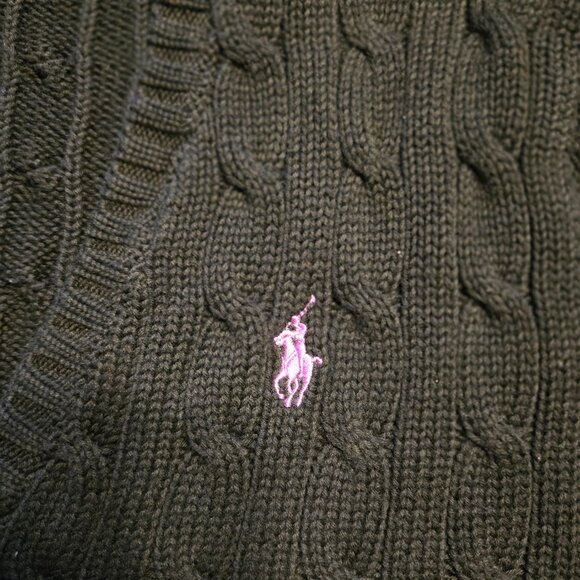 Ralph Lauren Sport Cable Knit V-Neck Sweater XL Black Cotton Purple Pony Classic - Picture 3 of 5